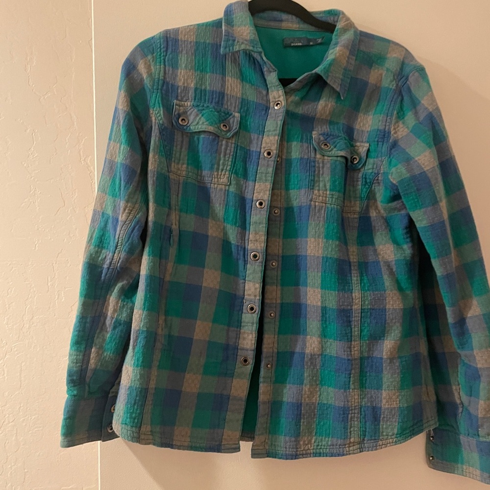 Prana Teal and Blue Plaid lined flannel Shirt